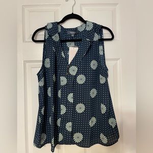 NWT ModCloth sleeveless blouse with collar, retro pattern, navy & mint, XL